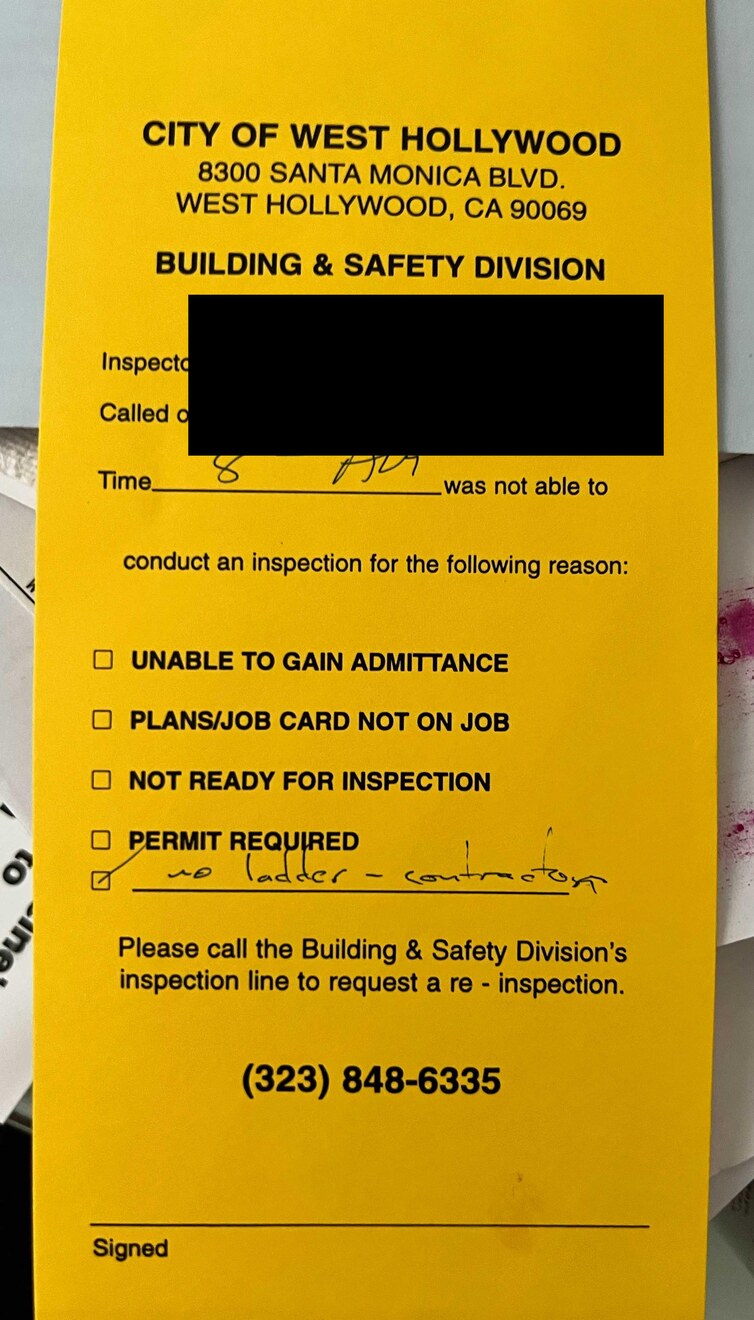 Actual yellow City of West Hollywood Building and Safety notice left on August 1, 2024, with personal information redacted