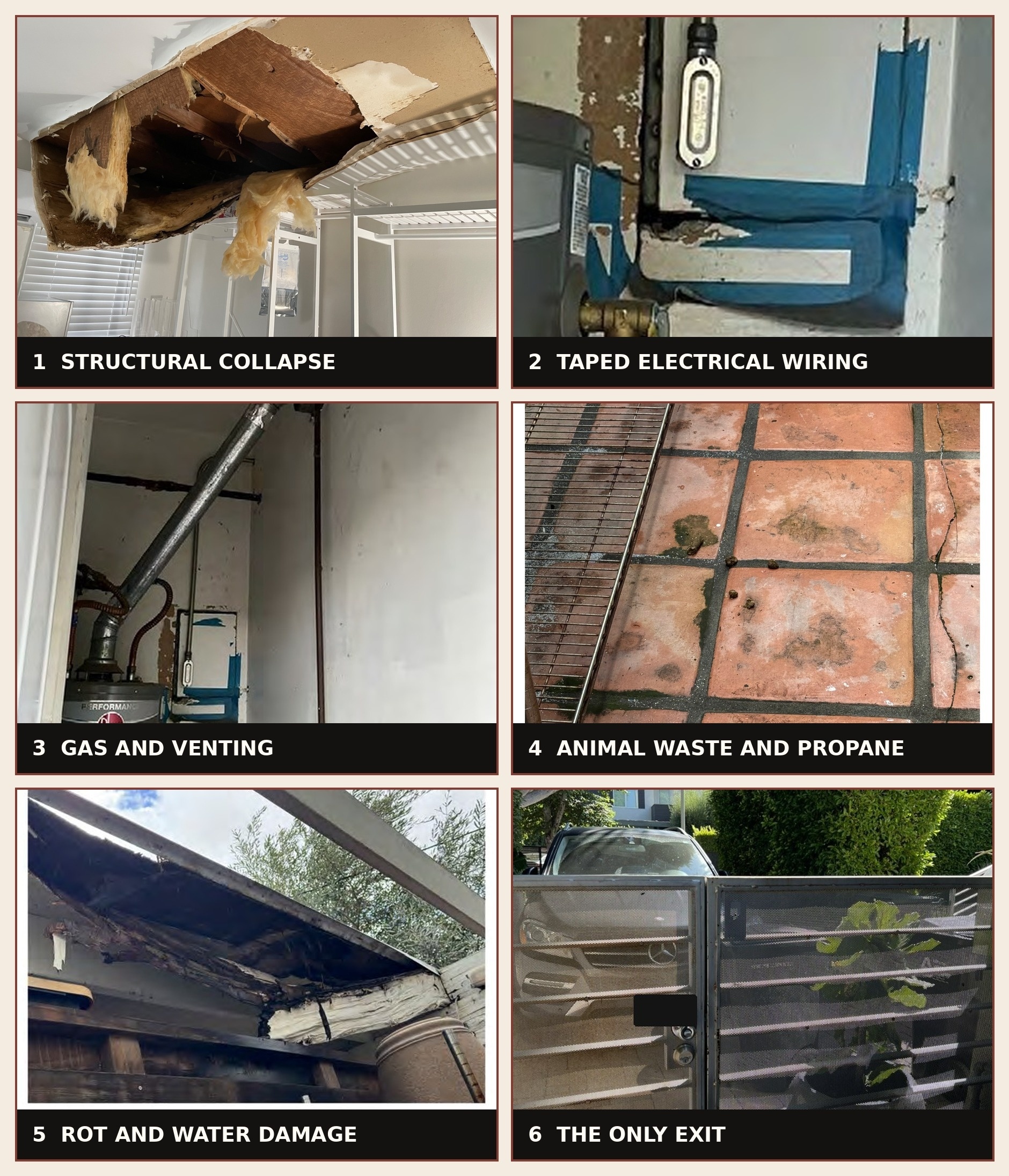 Six photographs showing the collapsed ceiling, taped electrical wiring, water heater venting, animal waste and propane, rotted structure, and the only exit