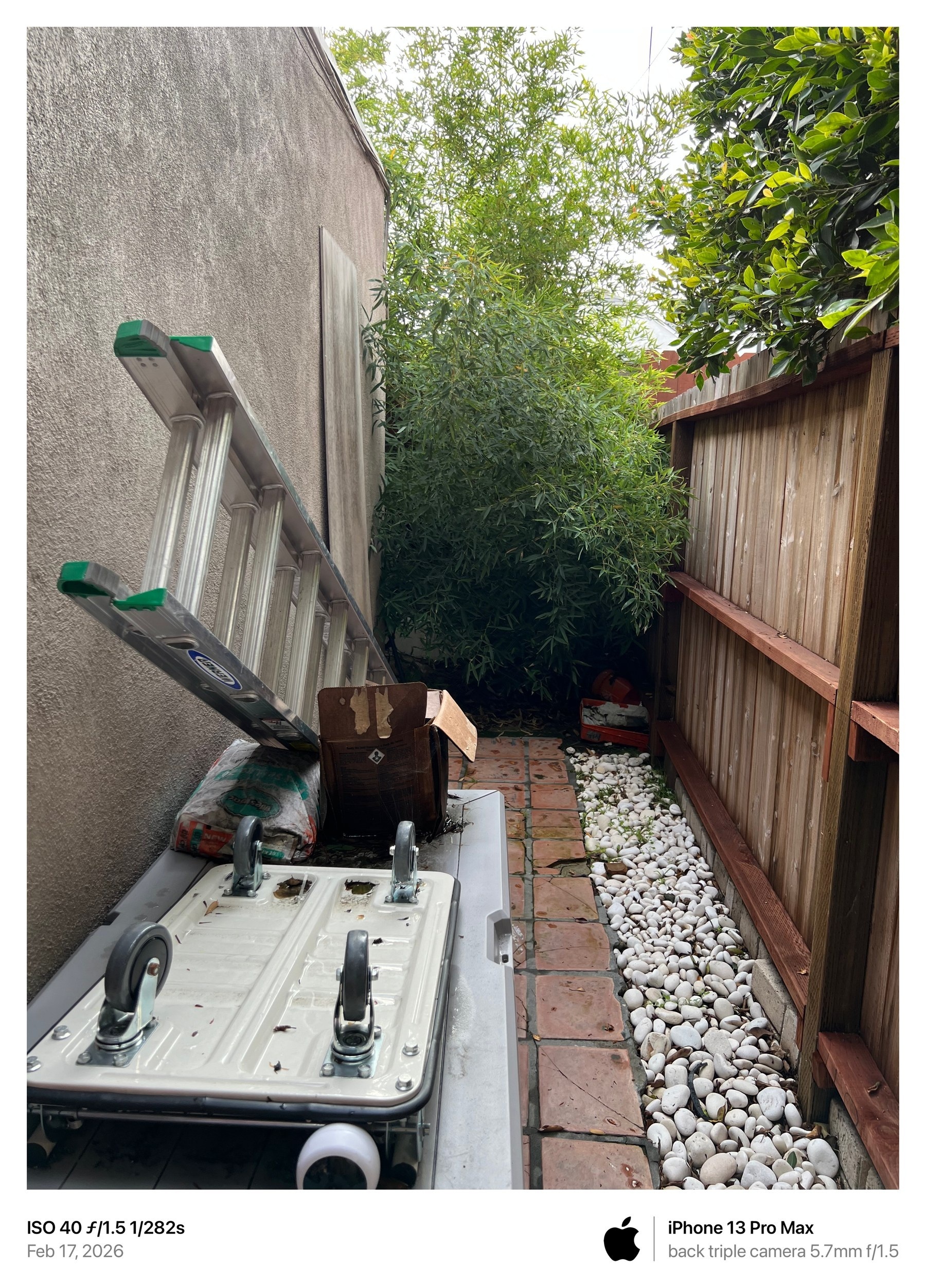 February 17, 2026 photograph showing a fallen ladder, sink, boxes, and stored material crowding a narrow exterior passage
