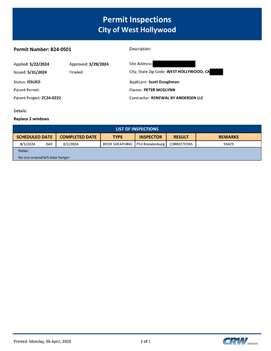 Actual City of West Hollywood permit-inspection report showing roof sheathing corrections, publicly redacted